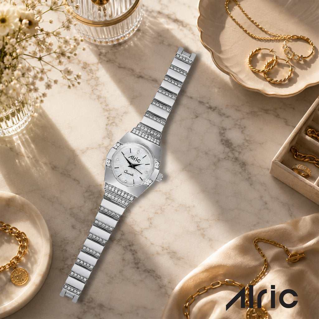 Opaline Silver Analog Quartz with Jewels | Elegant Watch for Women