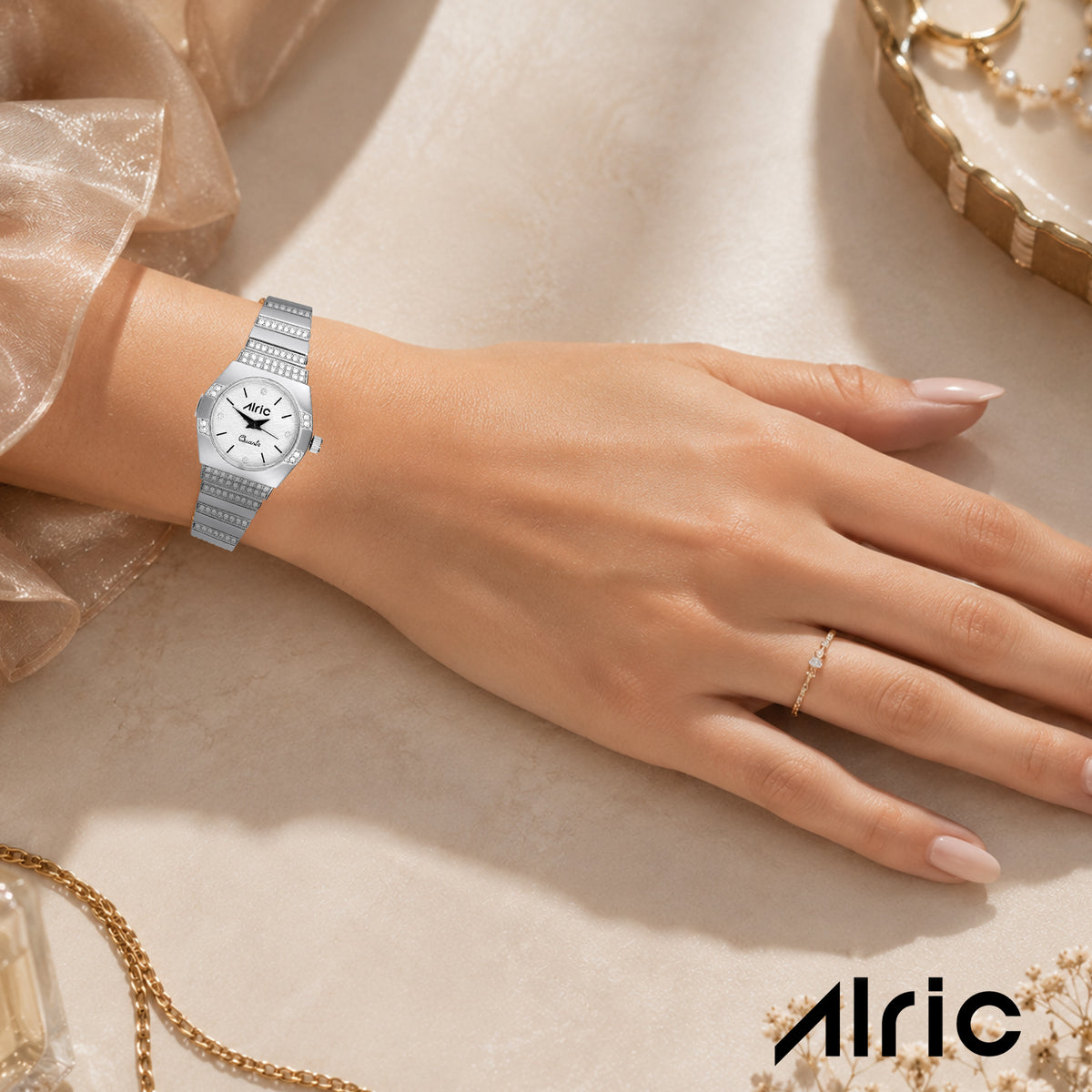 Opaline Silver Analog Quartz with Jewels | Elegant Watch for Women