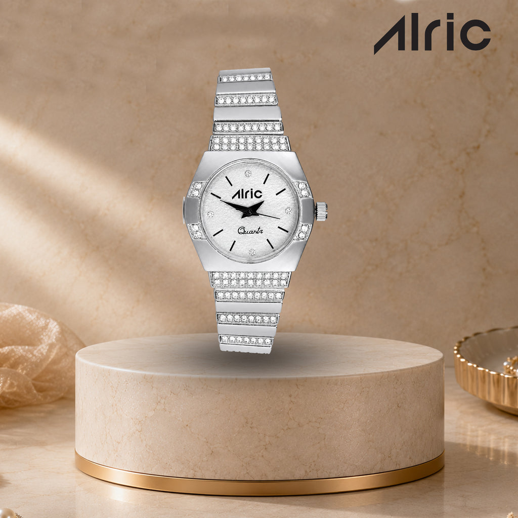 Opaline Silver Analog Quartz with Jewels | Elegant Watch for Women